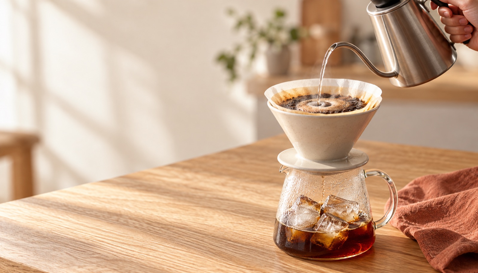 アイスコーヒーを急冷式ハンドドリップで淹れる手順——薄くならない湯量と氷の決め方